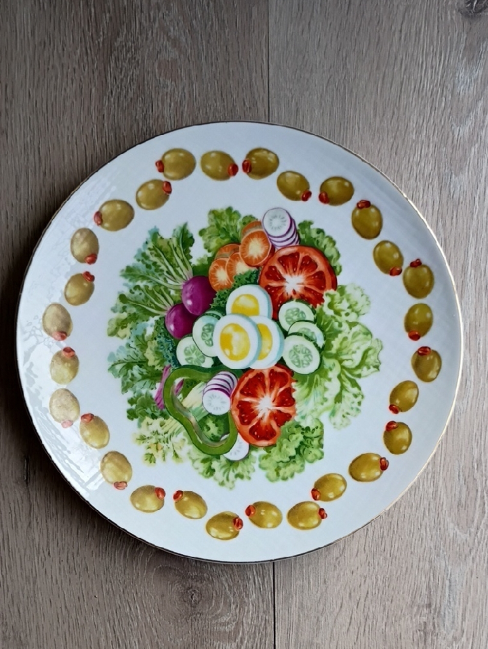 Mizuko China Plate Japan "Olives Mixed Vegetable Center 1964 Gold Trim 10" RARE